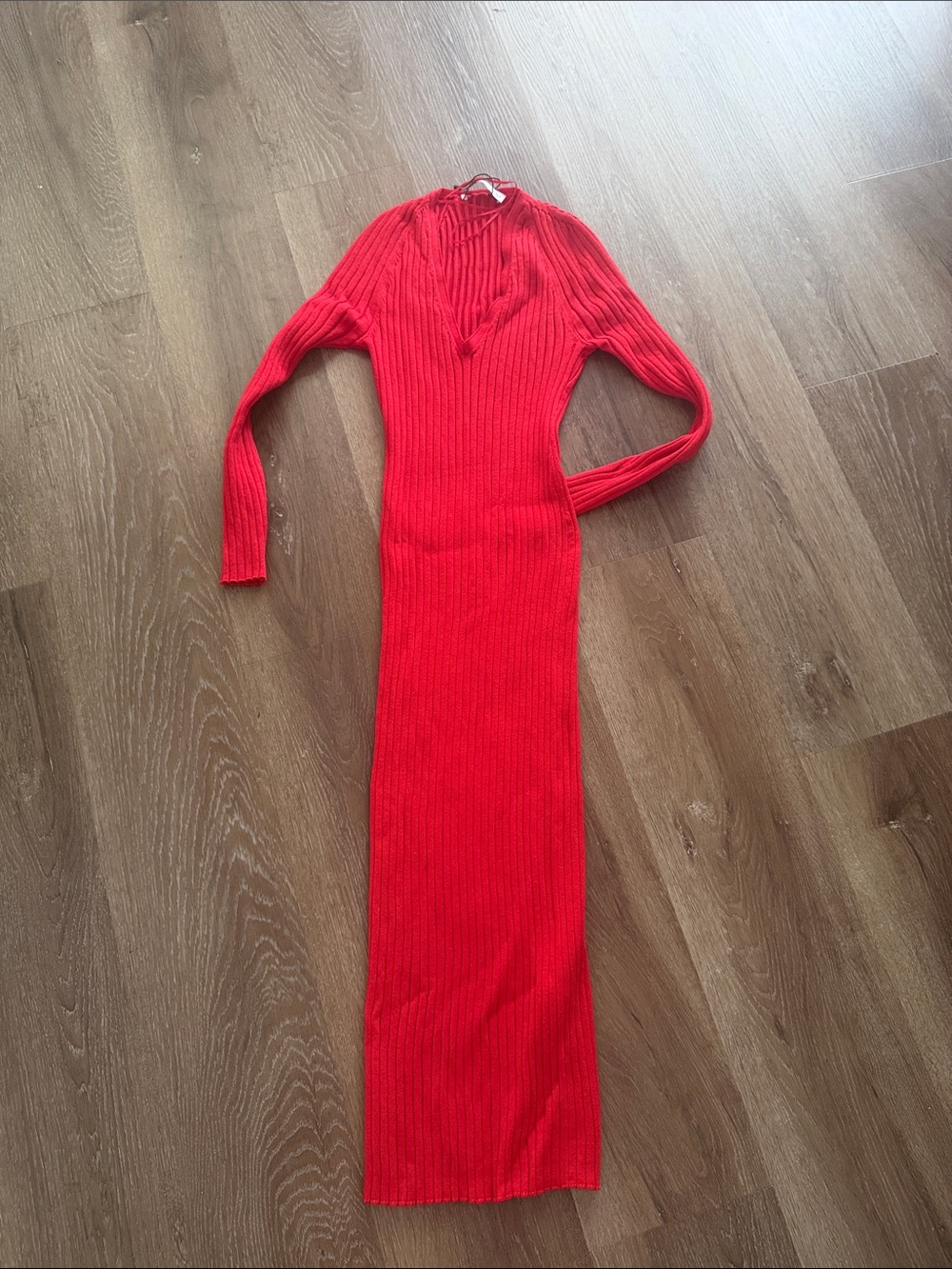Zara Red Ribbed Long Sleeve Maxi Dress